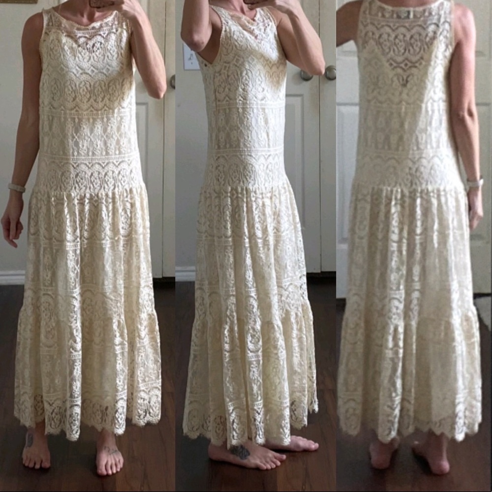 Nuit vintage white ivory lace sleeveless drop waist ruffled maxi dress